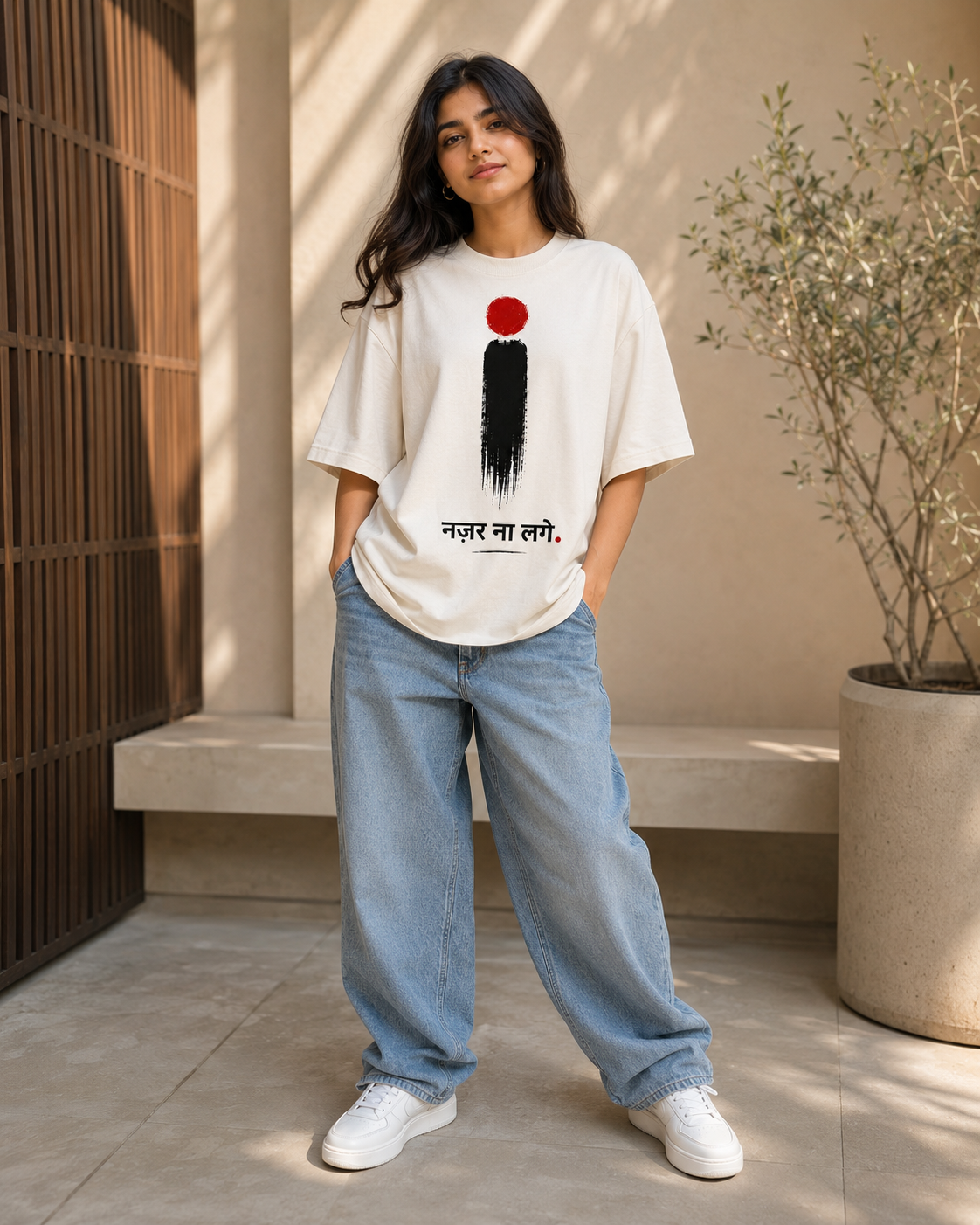 Nazar Batti On Oversized T-Shirt - Off White - Front/model