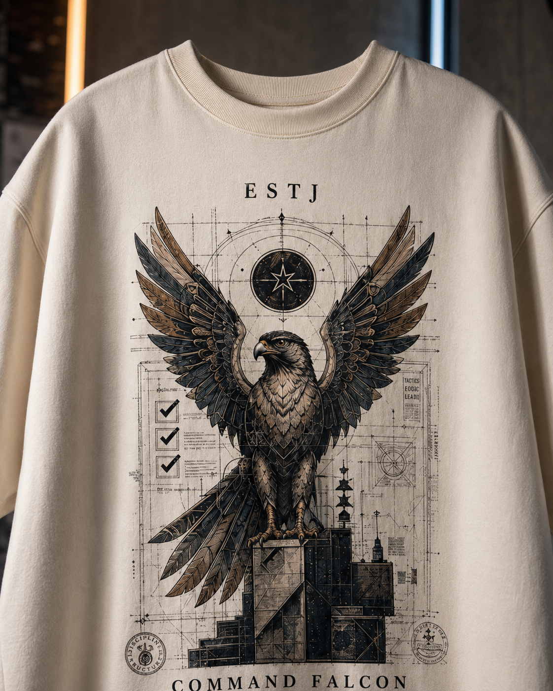 ESTJ Command Falcon artwork close-up in Off White - oversized 240 GSM French Terry t-shirt