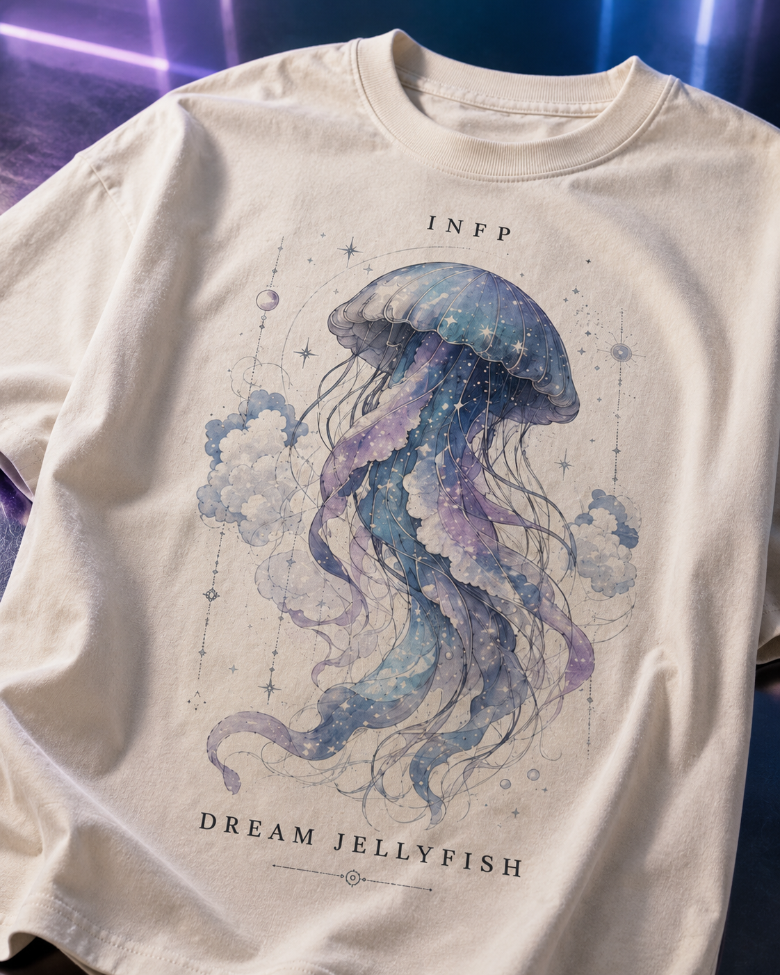 INFP Dream Jellyfish artwork close-up in Off White - oversized 240 GSM French Terry t-shirt