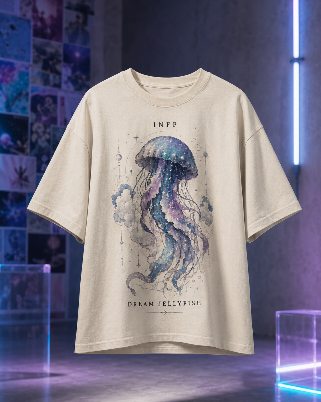 INFP Dream Jellyfish flat product view in Off White - oversized 240 GSM French Terry t-shirt