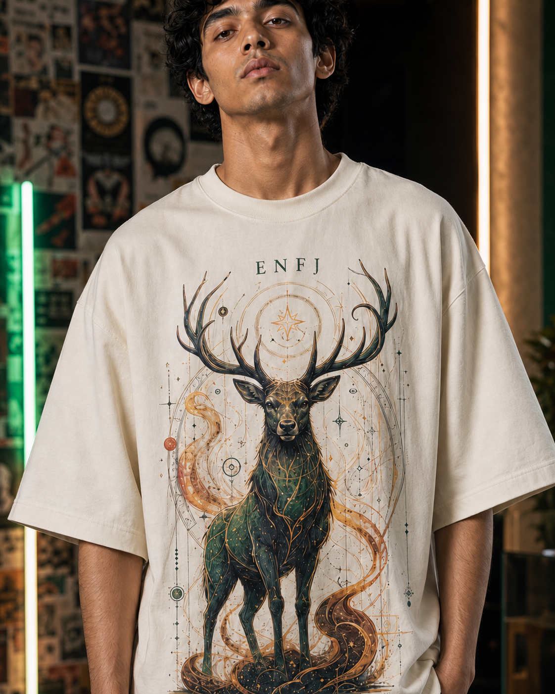 ENFJ Halo Stag artwork close-up in Off White - oversized 240 GSM French Terry t-shirt