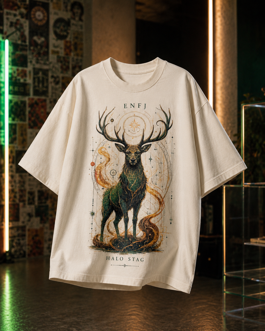 ENFJ Halo Stag back detail view in Off White - oversized 240 GSM French Terry t-shirt