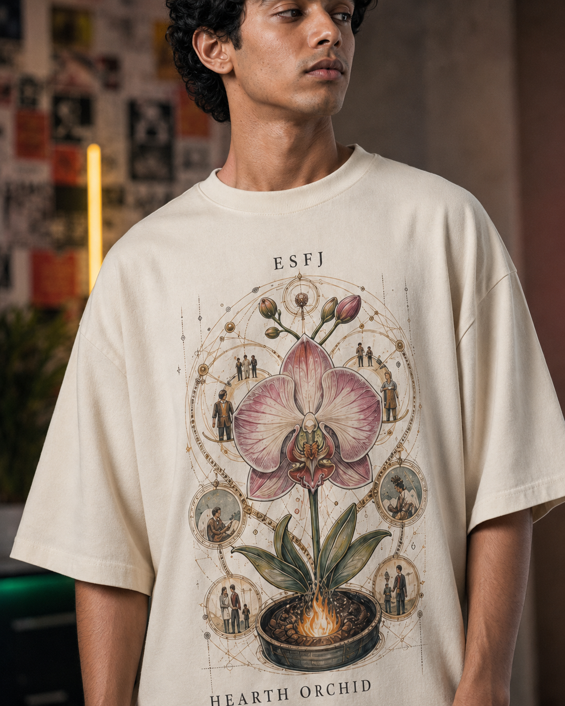 ESFJ Hearth Orchid artwork close-up in Off White - oversized 240 GSM French Terry t-shirt