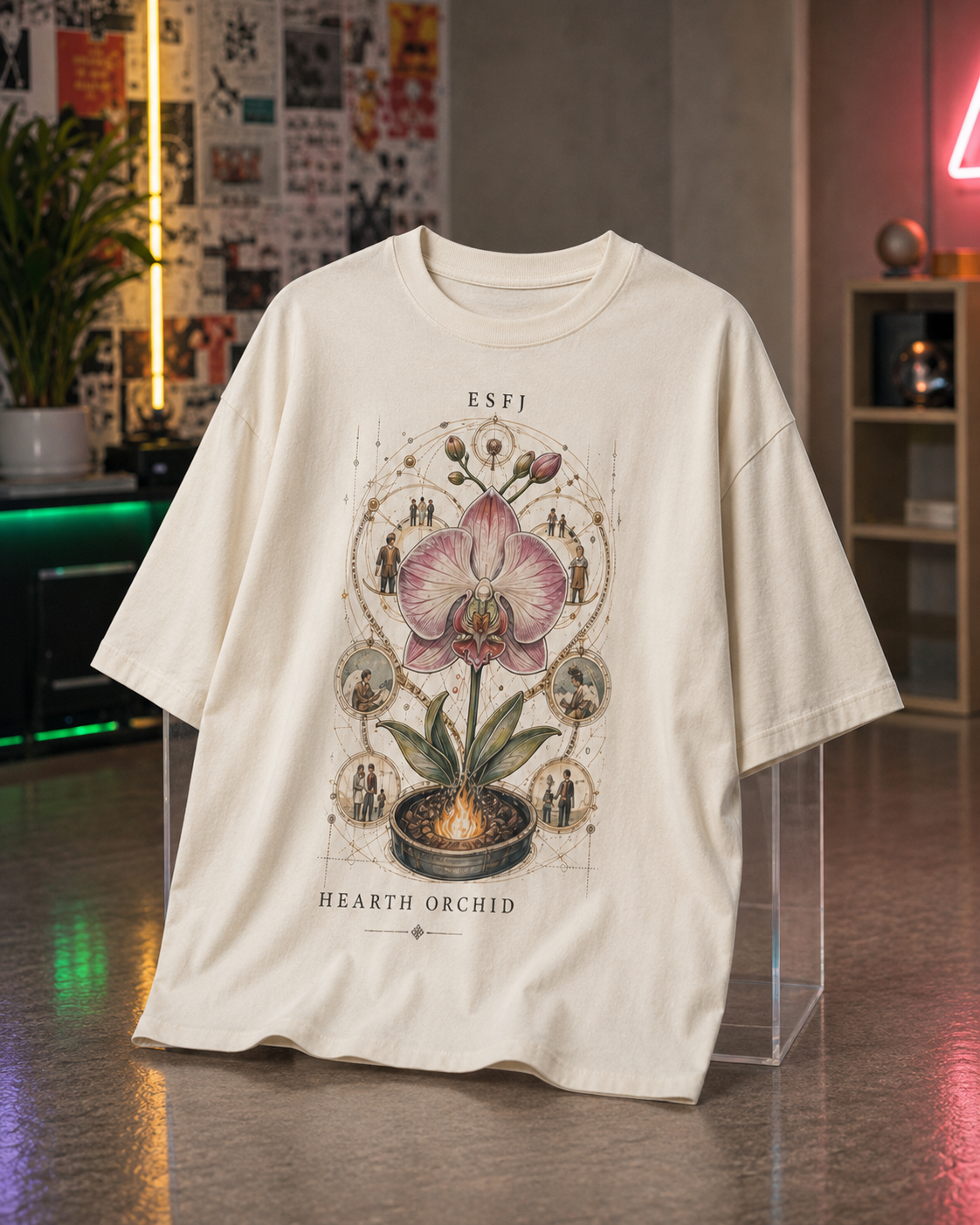 ESFJ Hearth Orchid flat product view in Off White - oversized 240 GSM French Terry t-shirt