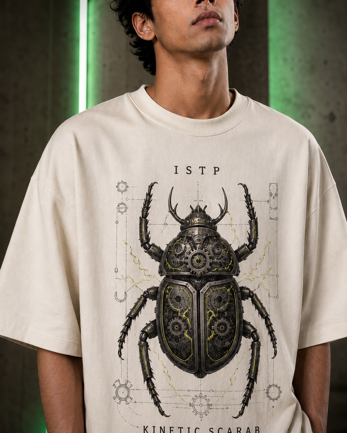 ISTP Kinetic Scarab artwork close-up in Off White - oversized 240 GSM French Terry t-shirt