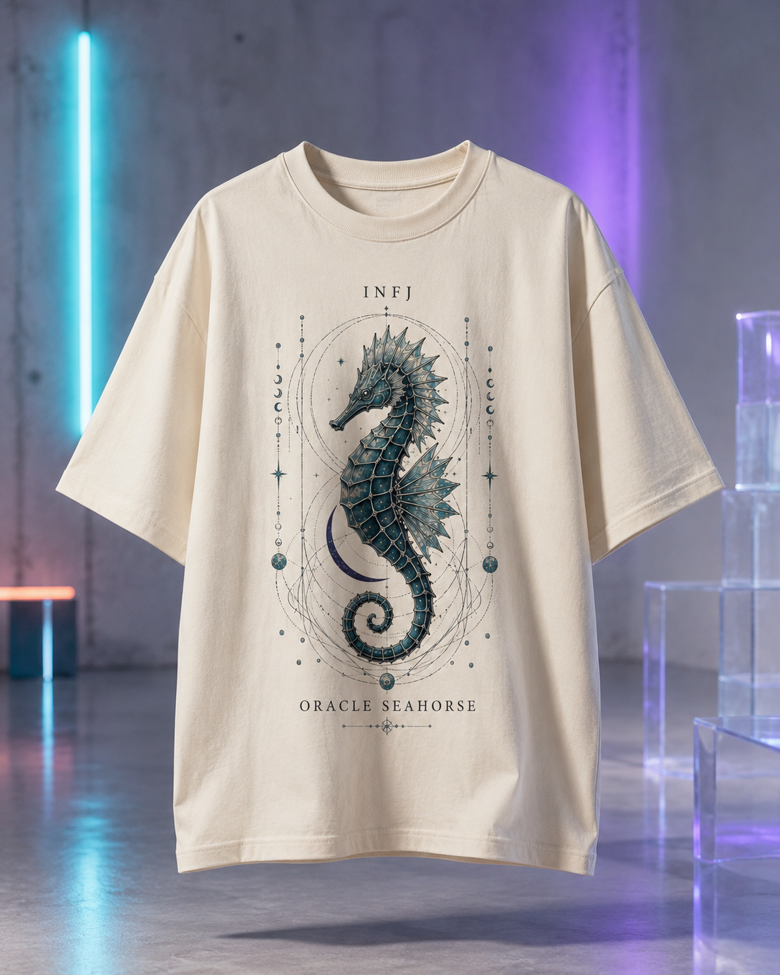 INFJ Oracle Seahorse flat product view in Off White - oversized 240 GSM French Terry t-shirt