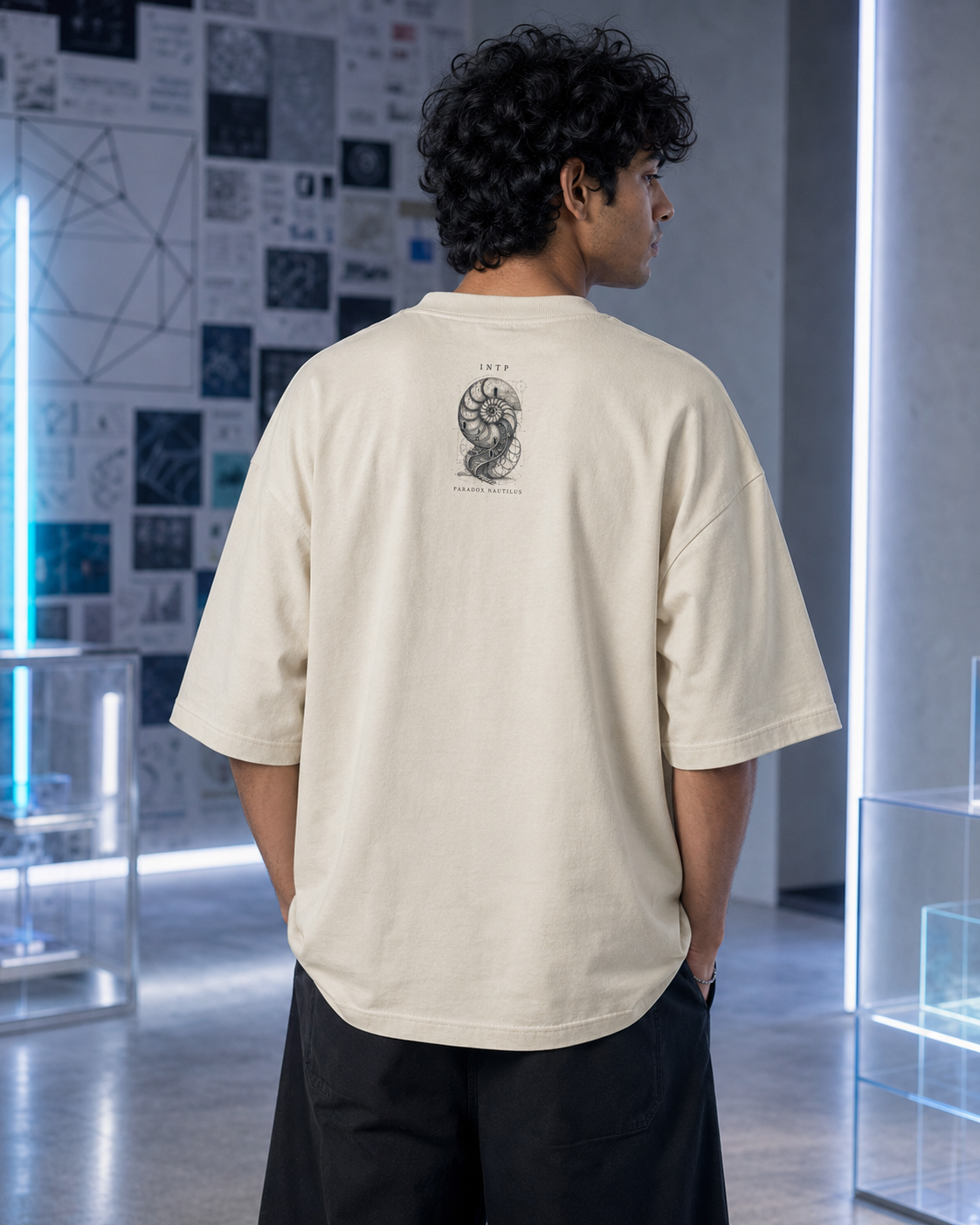 INTP Paradox Nautilus back detail view in Off White - oversized 240 GSM French Terry t-shirt