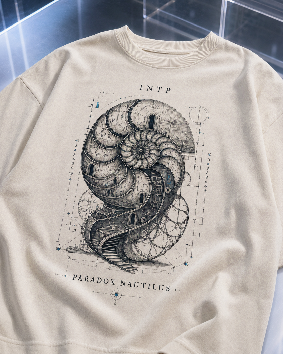 INTP Paradox Nautilus artwork close-up in Off White - oversized 240 GSM French Terry t-shirt
