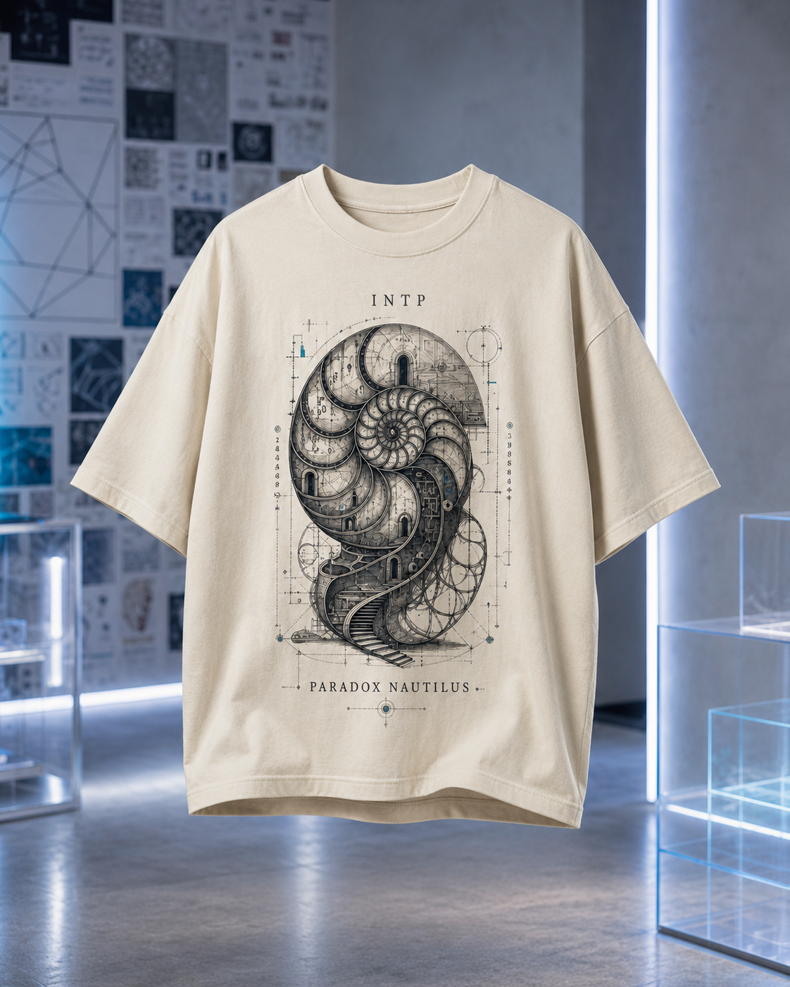 INTP Paradox Nautilus flat product view in Off White - oversized 240 GSM French Terry t-shirt