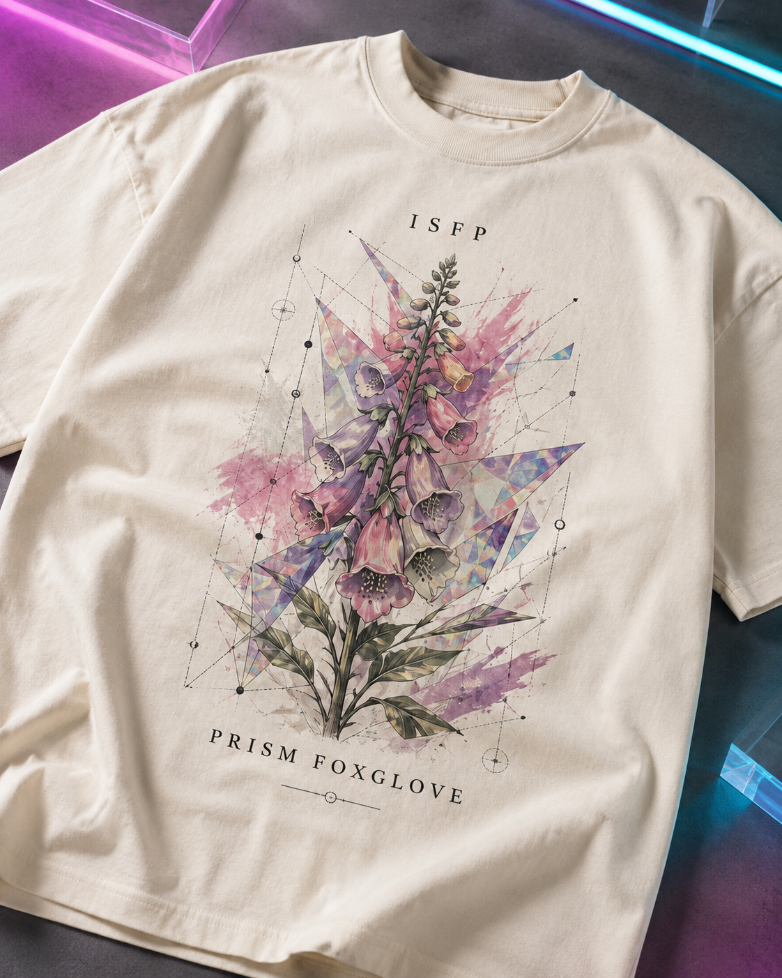 ISFP Prism Foxglove artwork close-up in Off White - oversized 240 GSM French Terry t-shirt