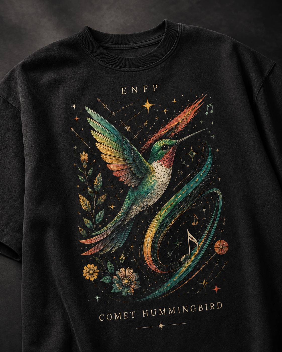 ENFP Comet Hummingbird artwork close-up in Black - oversized 240 GSM French Terry t-shirt