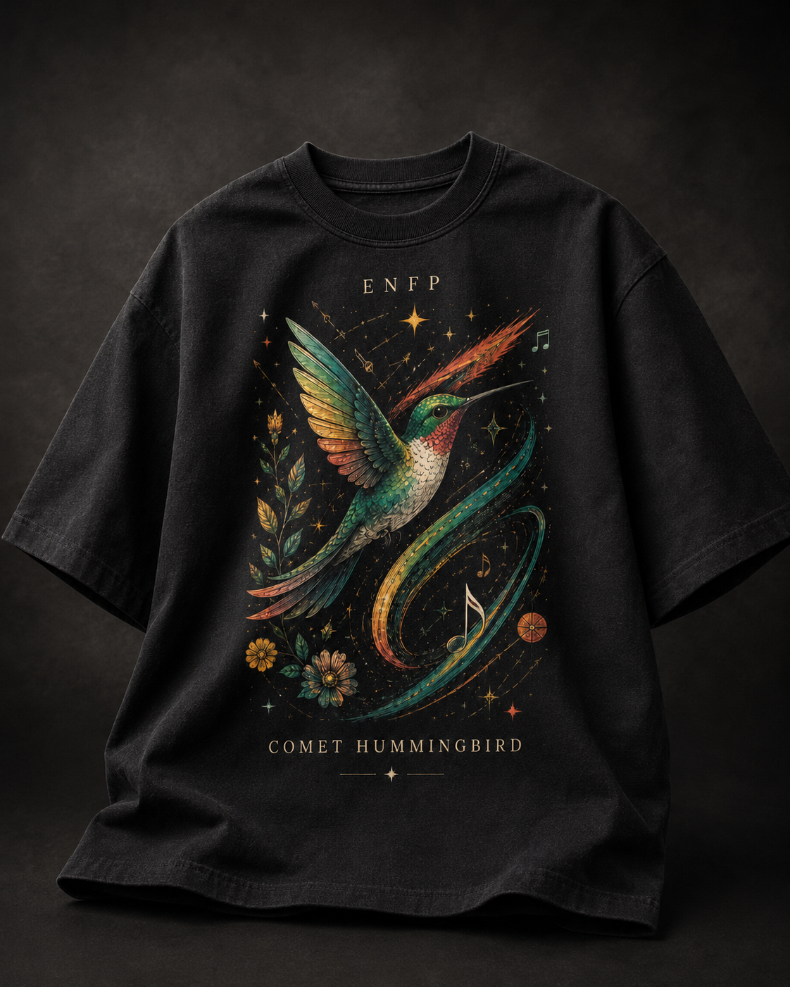 ENFP Comet Hummingbird flat product view in Black - oversized 240 GSM French Terry t-shirt