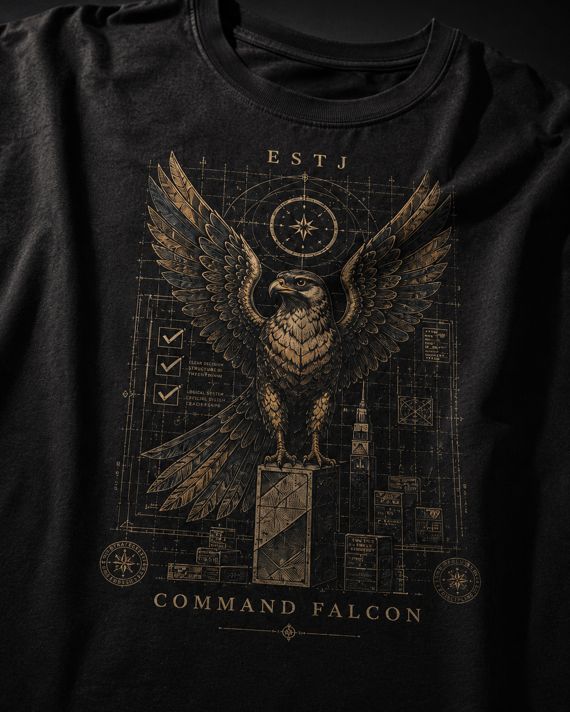 ESTJ Command Falcon artwork close-up in Black - oversized 240 GSM French Terry t-shirt