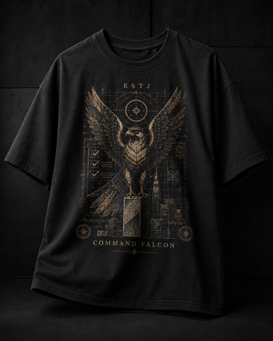 ESTJ Command Falcon flat product view in Black - oversized 240 GSM French Terry t-shirt