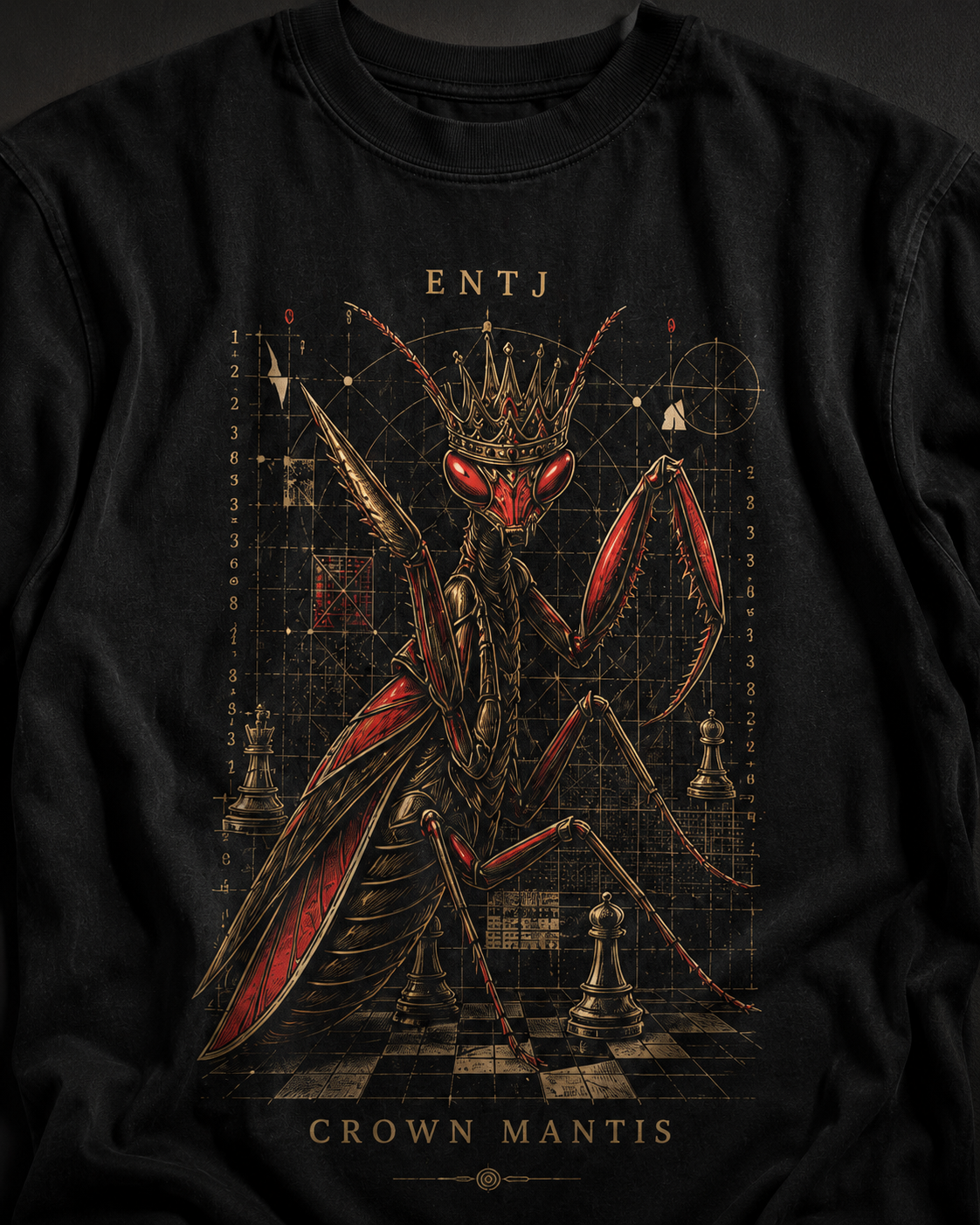 ENTJ Crown Mantis artwork close-up in Black - oversized 240 GSM French Terry t-shirt
