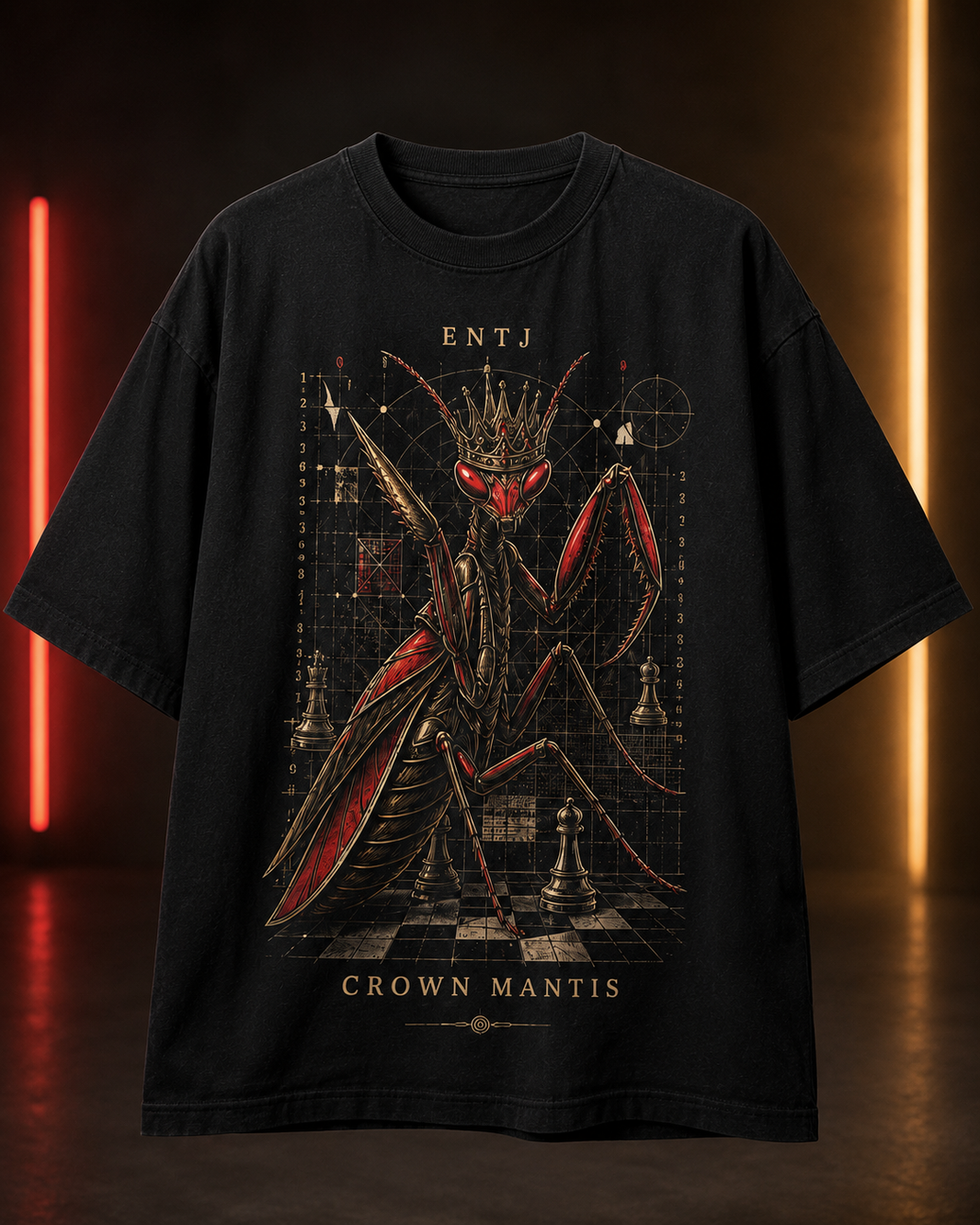ENTJ Crown Mantis flat product view in Black - oversized 240 GSM French Terry t-shirt
