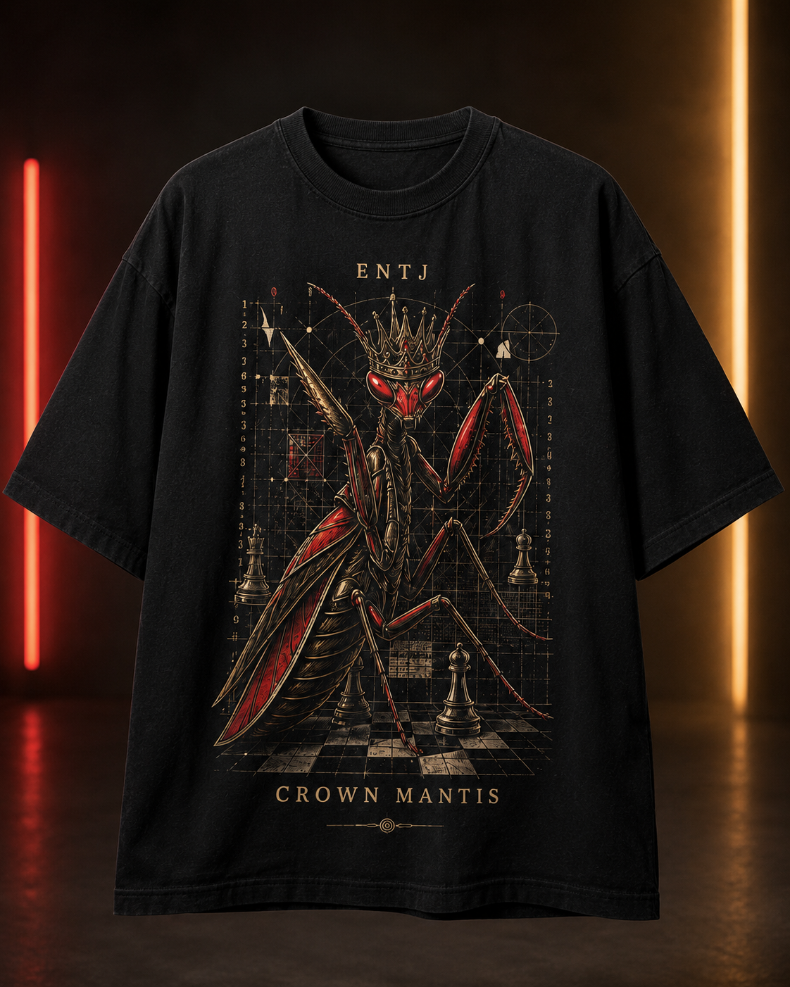 ENTJ Crown Mantis flat product view in Black - oversized 240 GSM French Terry t-shirt
