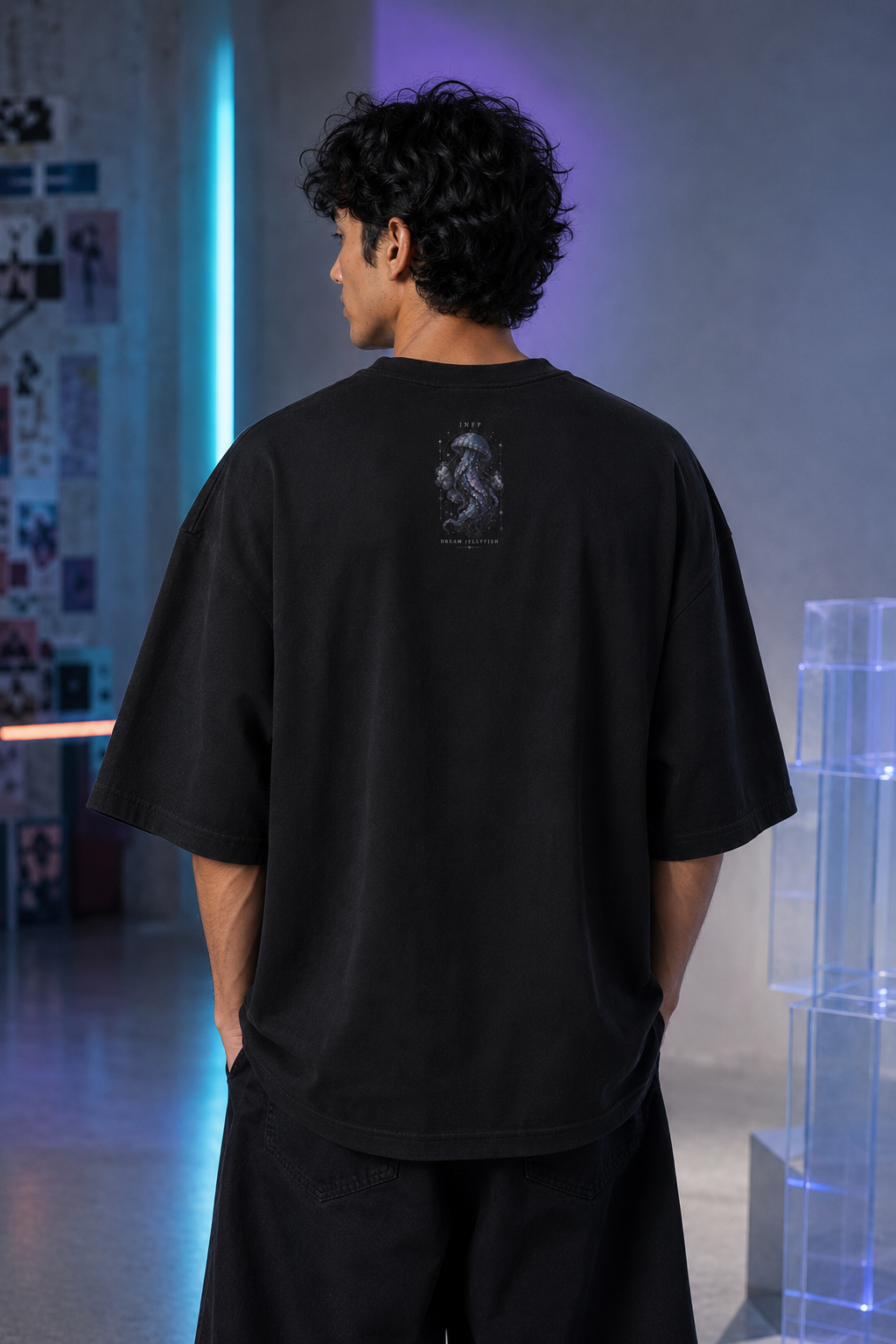 INFP Dream Jellyfish back detail view in Black - oversized 240 GSM French Terry t-shirt