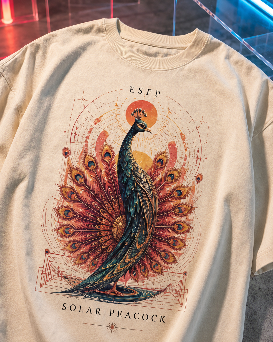 ESFP Solar Peacock artwork close-up in Off White - oversized 240 GSM French Terry t-shirt