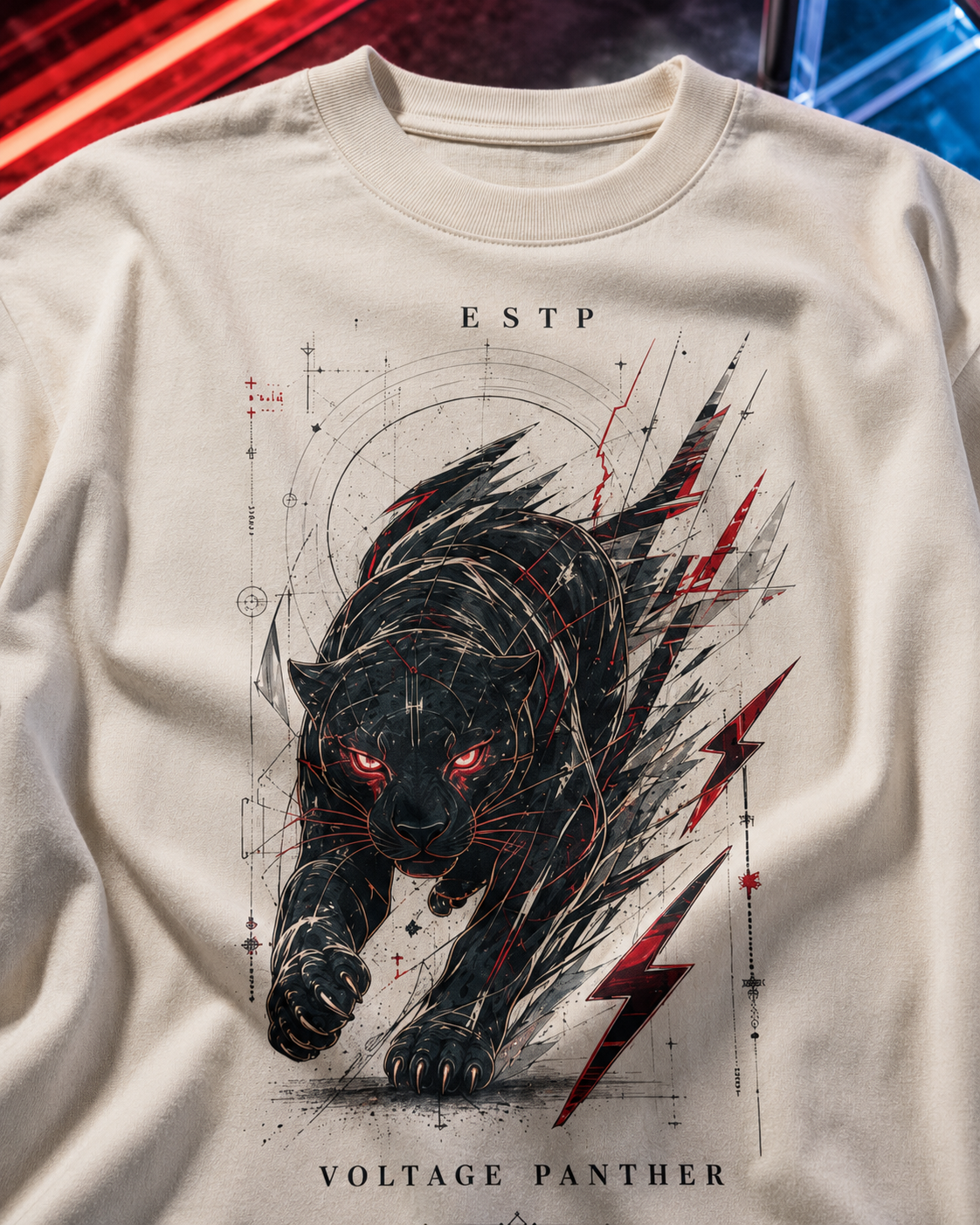 ESTP Voltage Panther artwork close-up in Off White - oversized 240 GSM French Terry t-shirt