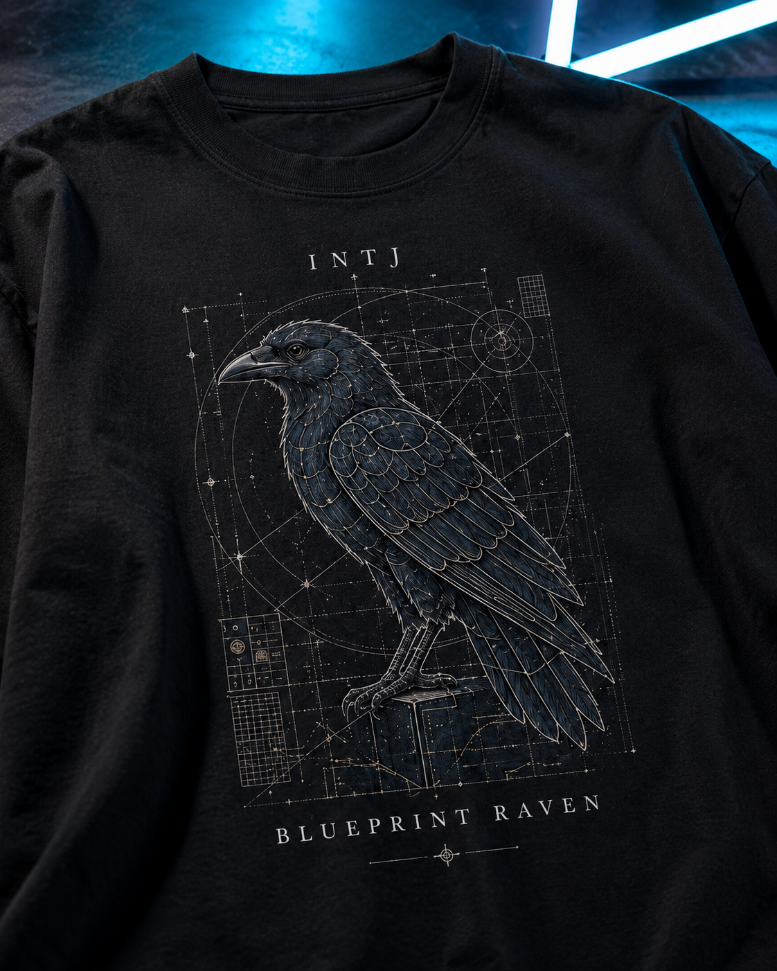 INTJ Blueprint Raven artwork close-up in Black - oversized 240 GSM French Terry t-shirt