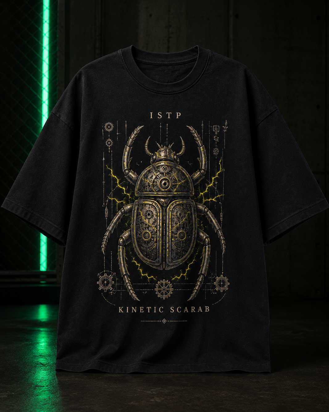 ISTP Kinetic Scarab flat product view in Black - oversized 240 GSM French Terry t-shirt