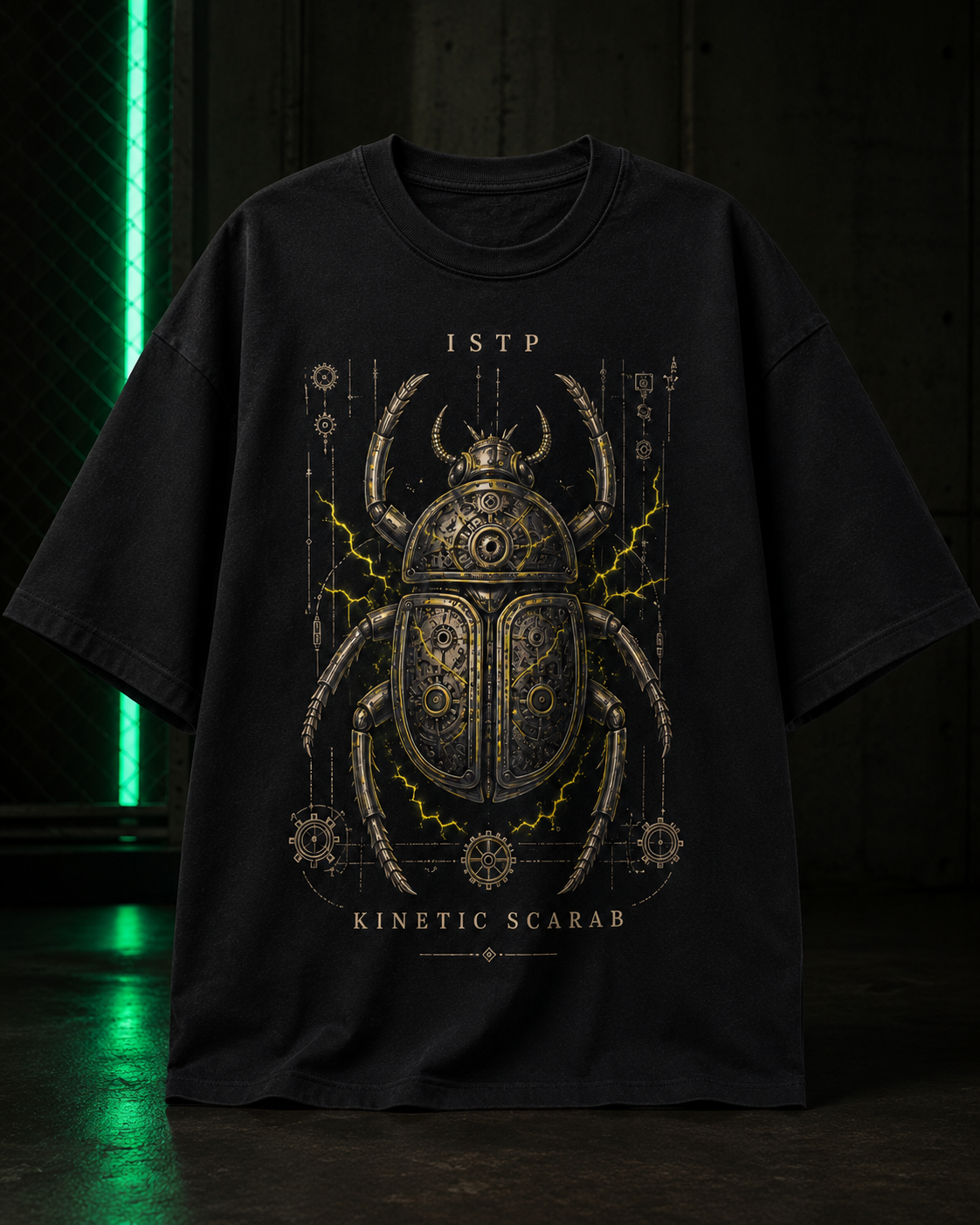 ISTP Kinetic Scarab flat product view in Black - oversized 240 GSM French Terry t-shirt