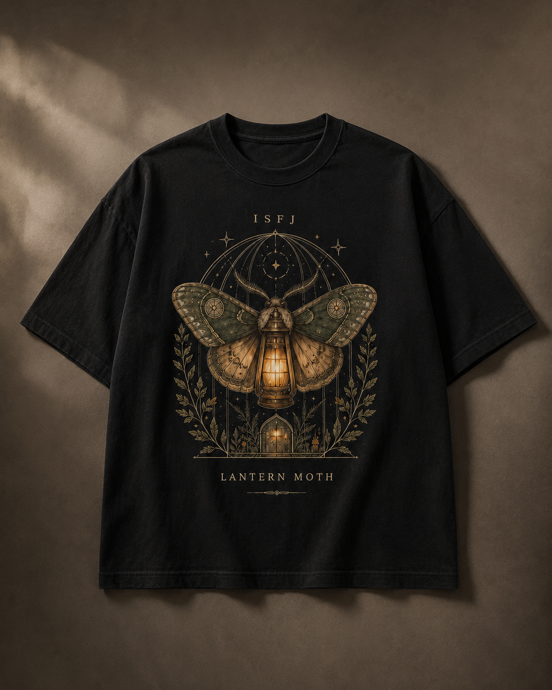 ISFJ Lantern Moth flat product view in Black - oversized 240 GSM French Terry t-shirt
