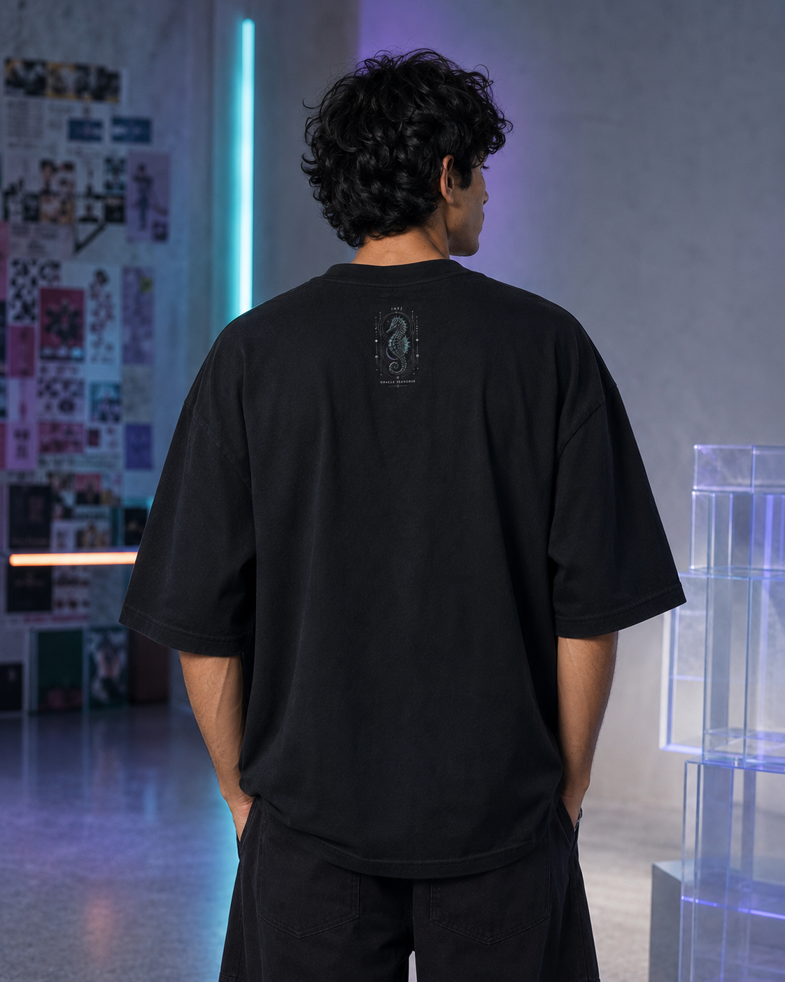 INFJ Oracle Seahorse back detail view in Black - oversized 240 GSM French Terry t-shirt