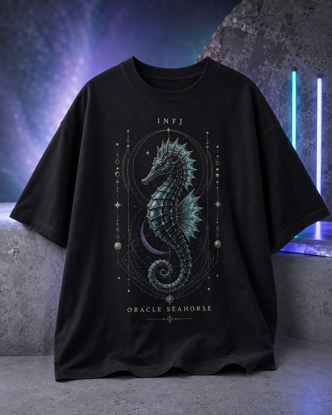 INFJ Oracle Seahorse flat product view in Black - oversized 240 GSM French Terry t-shirt