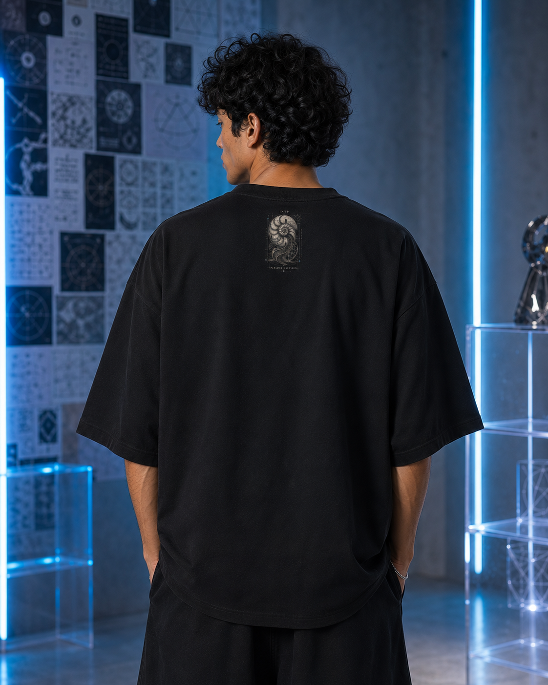 INTP Paradox Nautilus back detail view in Black - oversized 240 GSM French Terry t-shirt