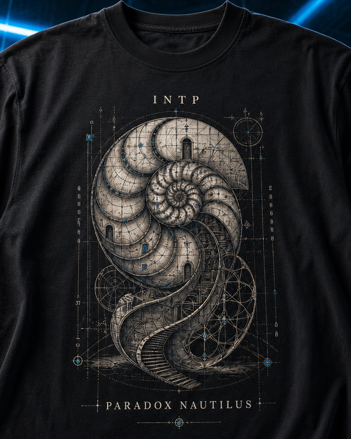 INTP Paradox Nautilus artwork close-up in Black - oversized 240 GSM French Terry t-shirt