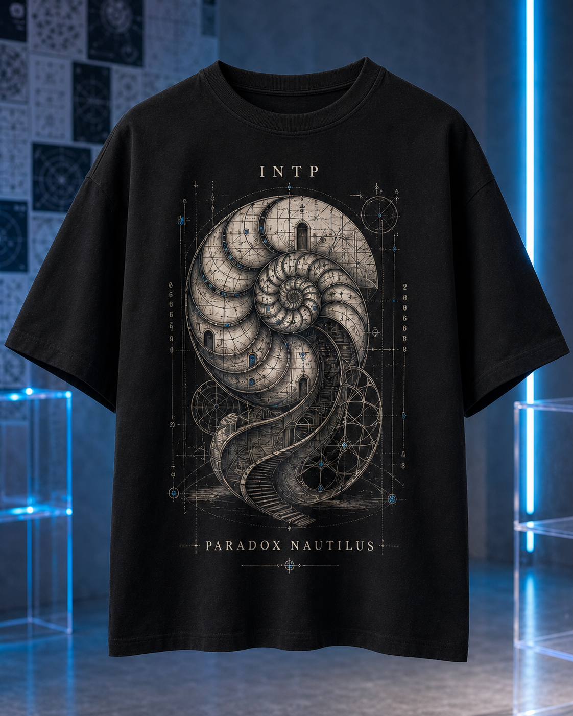INTP Paradox Nautilus flat product view in Black - oversized 240 GSM French Terry t-shirt