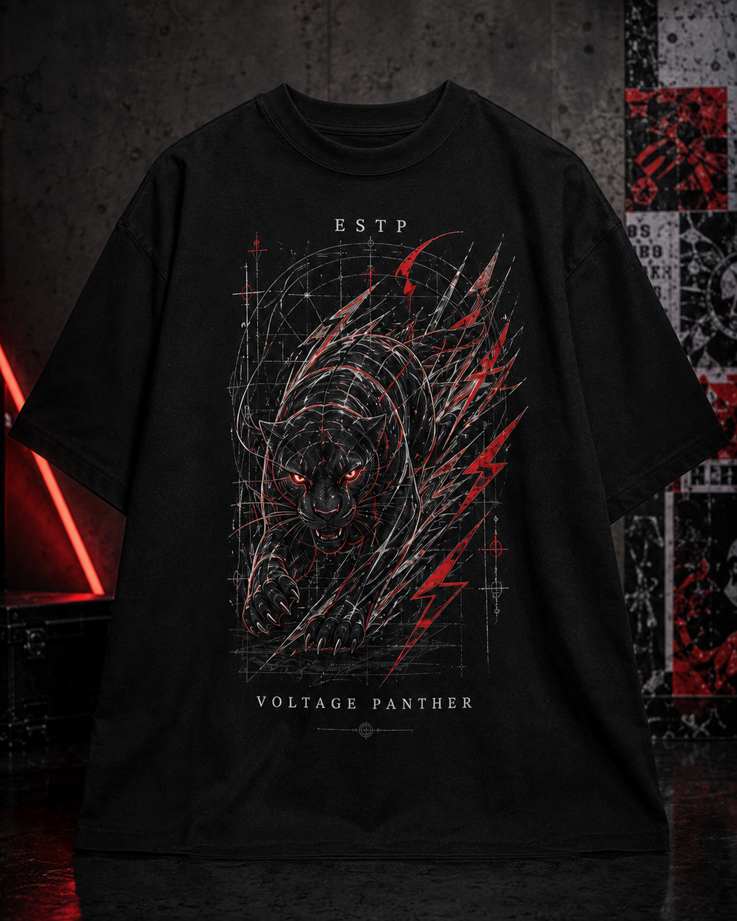 ESTP Voltage Panther flat product view in Black - oversized 240 GSM French Terry t-shirt