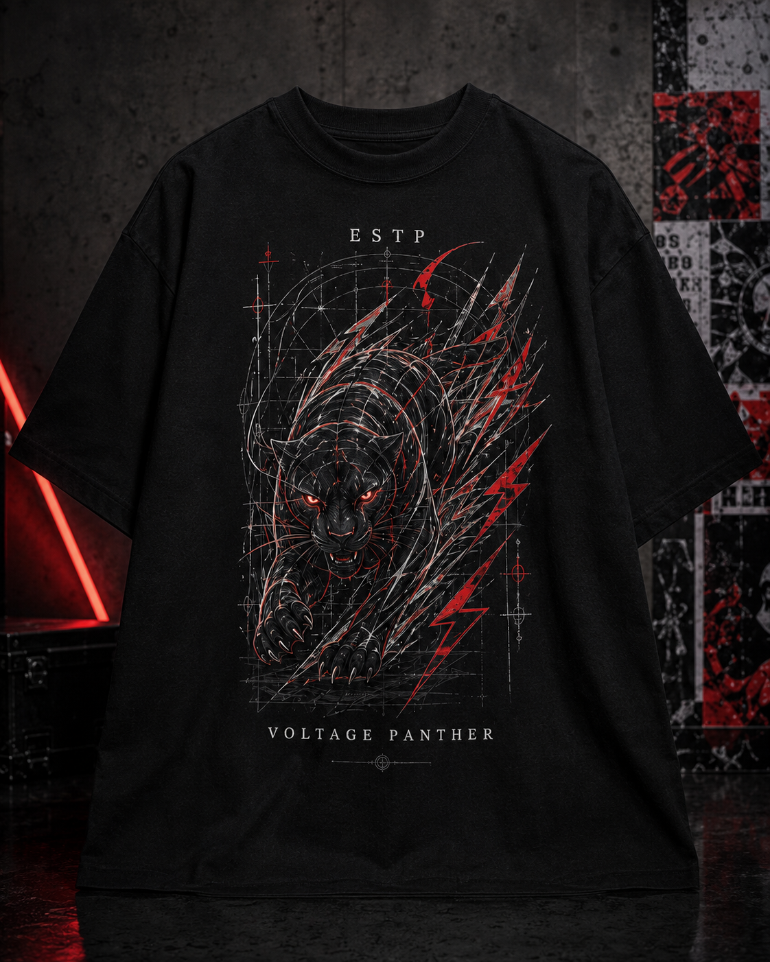 ESTP Voltage Panther flat product view in Black - oversized 240 GSM French Terry t-shirt
