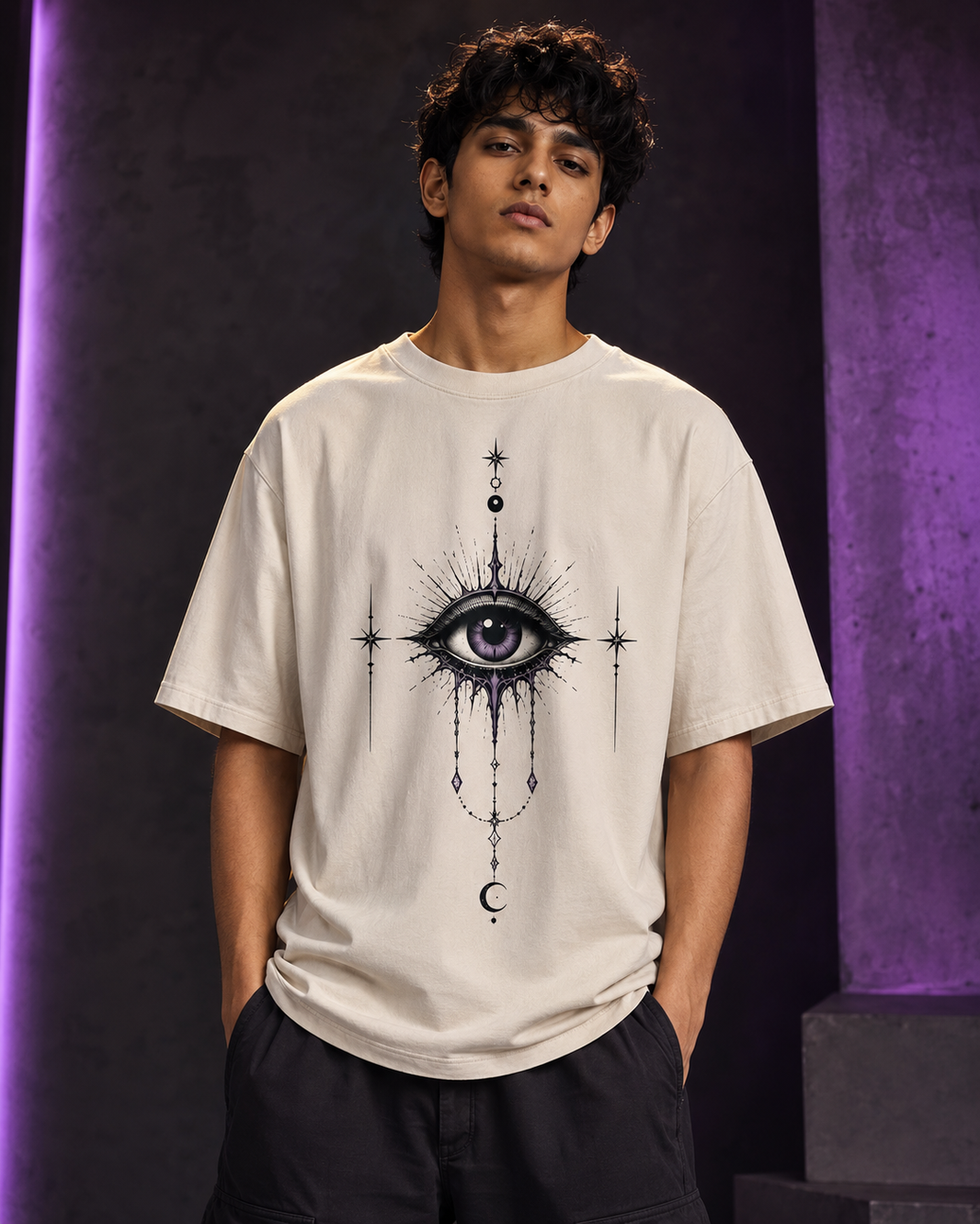 Return To Sender Evil Eye Oversized T-Shirt - Off White - Front/model