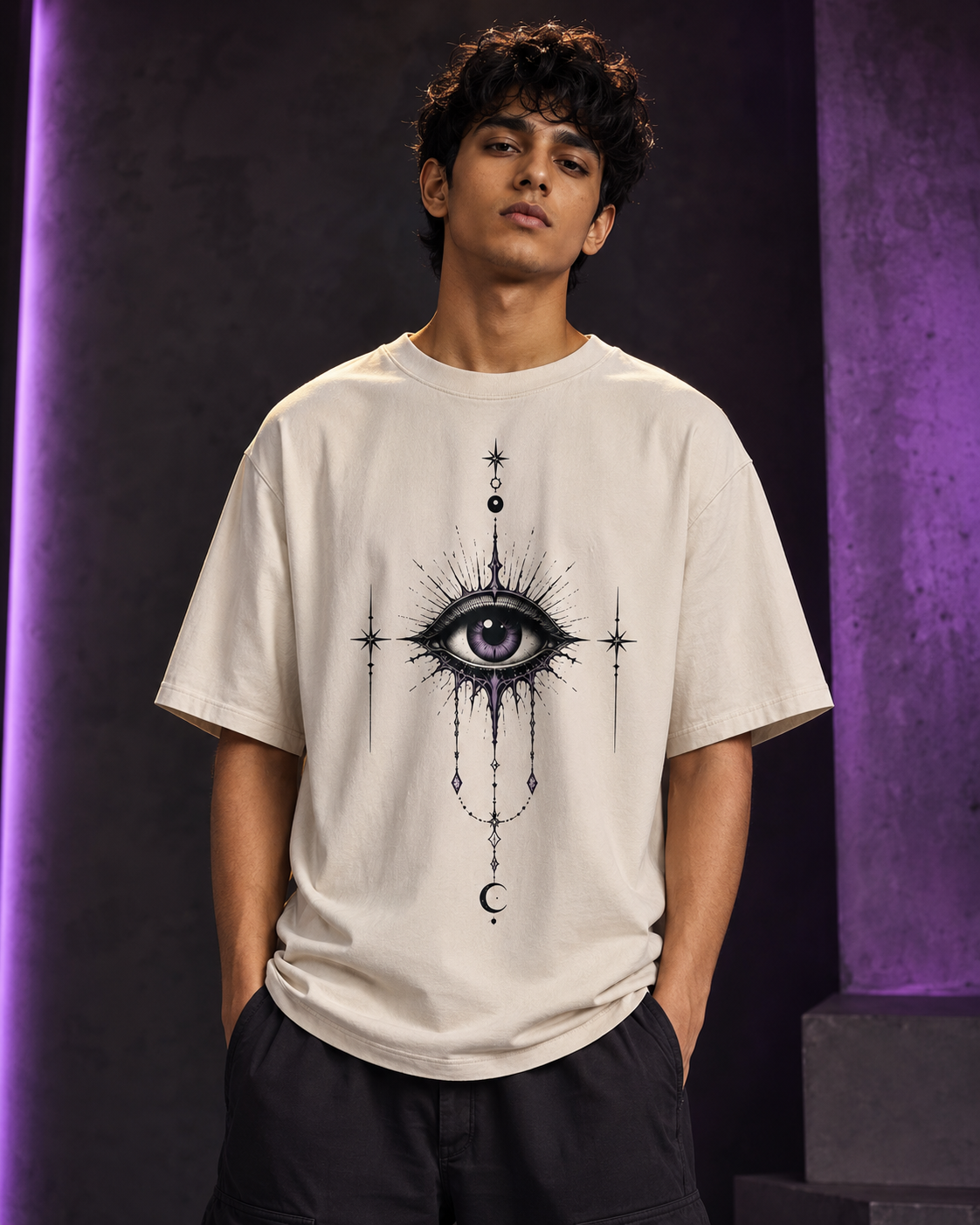 Return To Sender Evil Eye Oversized T-Shirt - Off White - Front/model