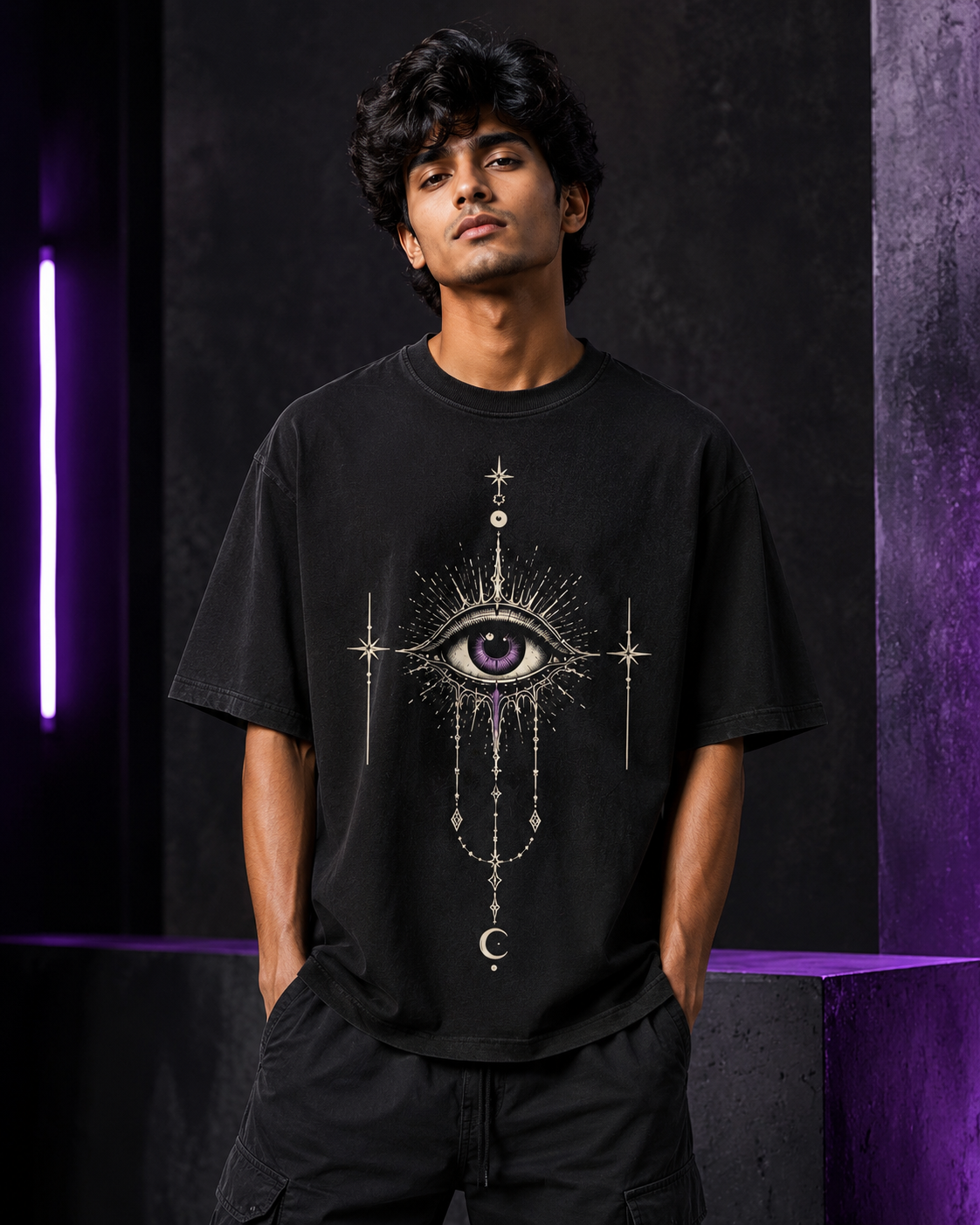 Return To Sender Evil Eye Oversized T-Shirt - Black - Front/model