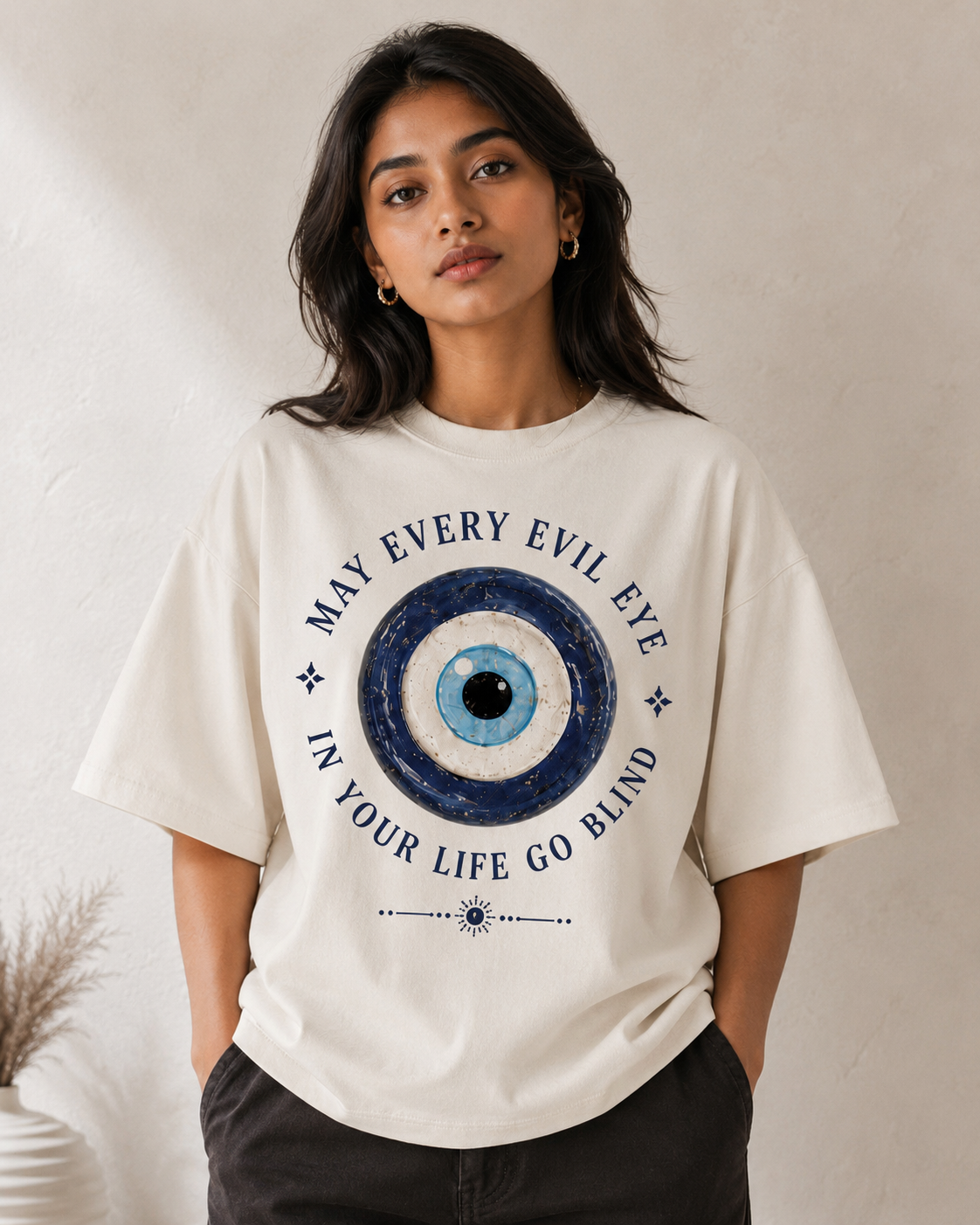 May Every Evil Eye Go Blind Oversized T-Shirt - Off White - Front/model