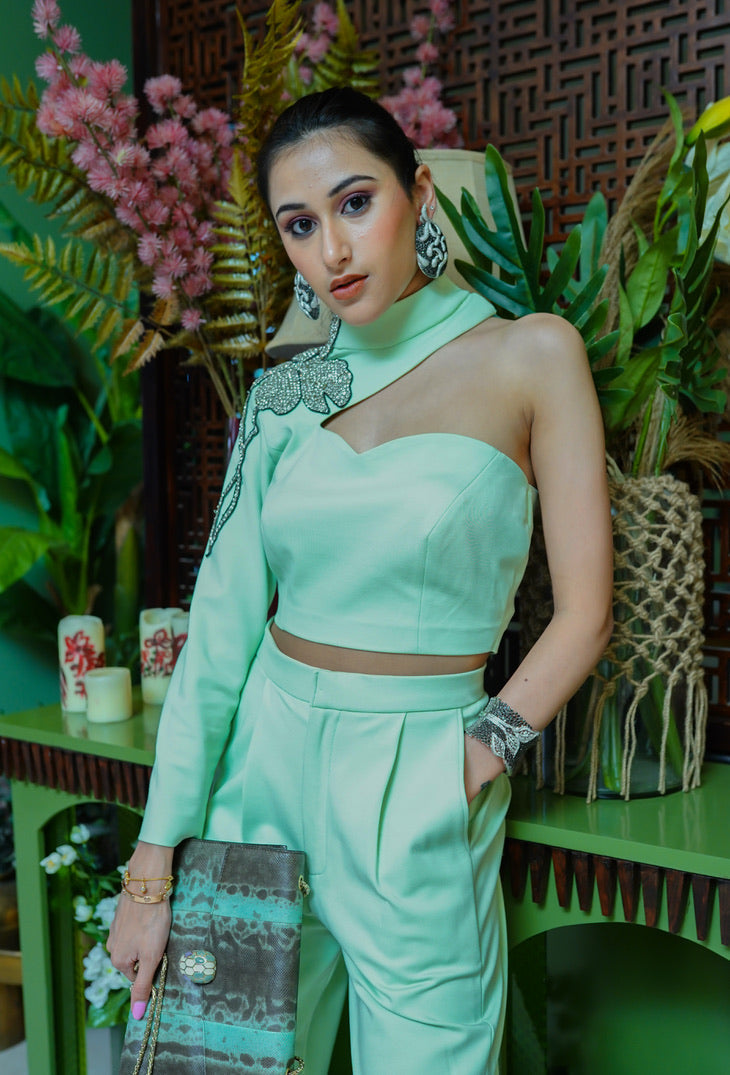 Pista green one sleeve crop top with trousers – photo 2