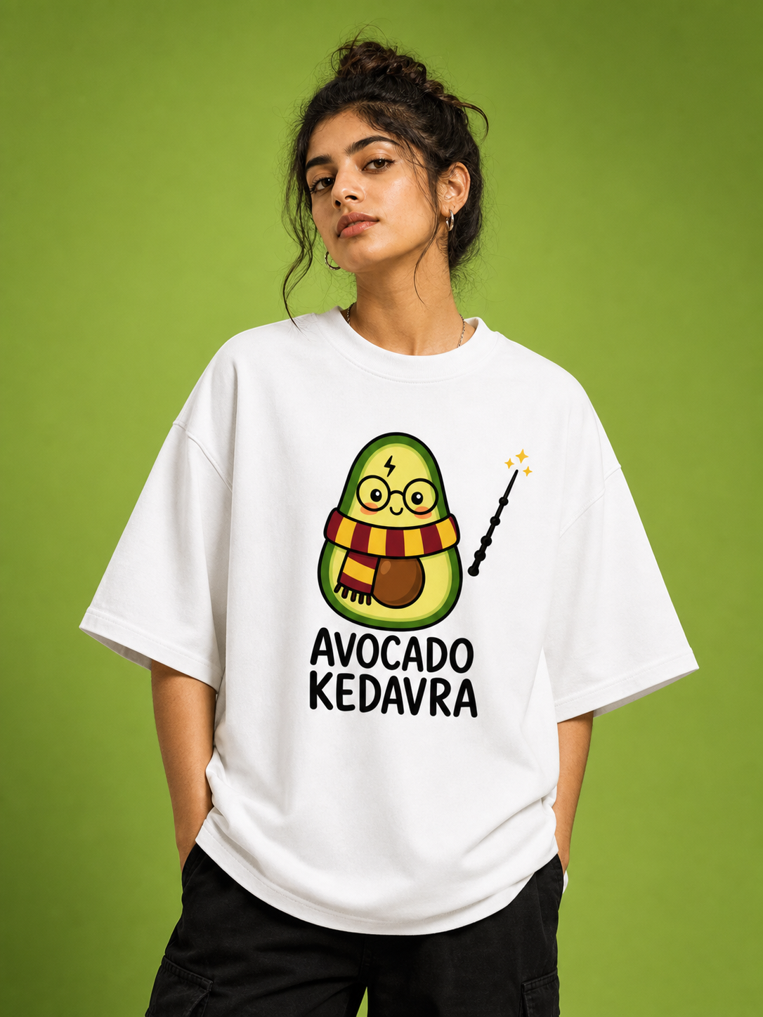 Avocado Kedavra Unisex Oversized Tee - female model styling