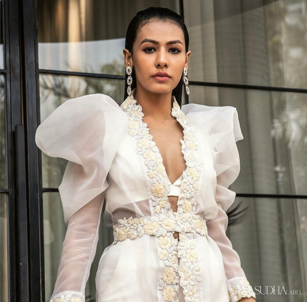 Organza Balloon Sleeves Sheer Blazer with hand embroidery – photo 1