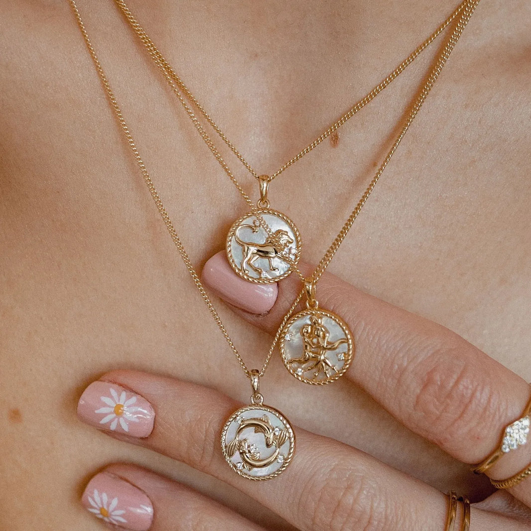 Zodiac Celestial Symbol Pendant with Chain – worn by a model