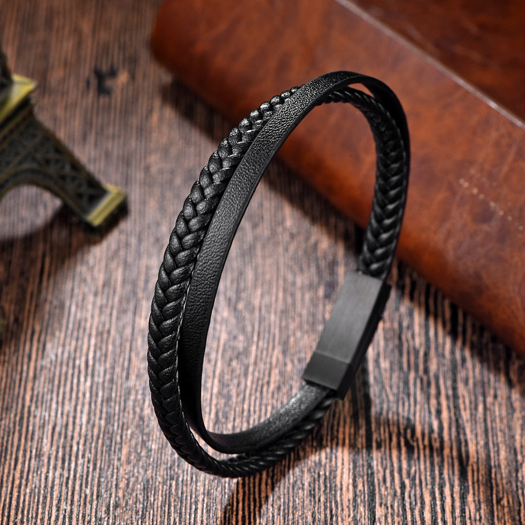 Black Two Layered Leather Bracelet for Men – photo 2