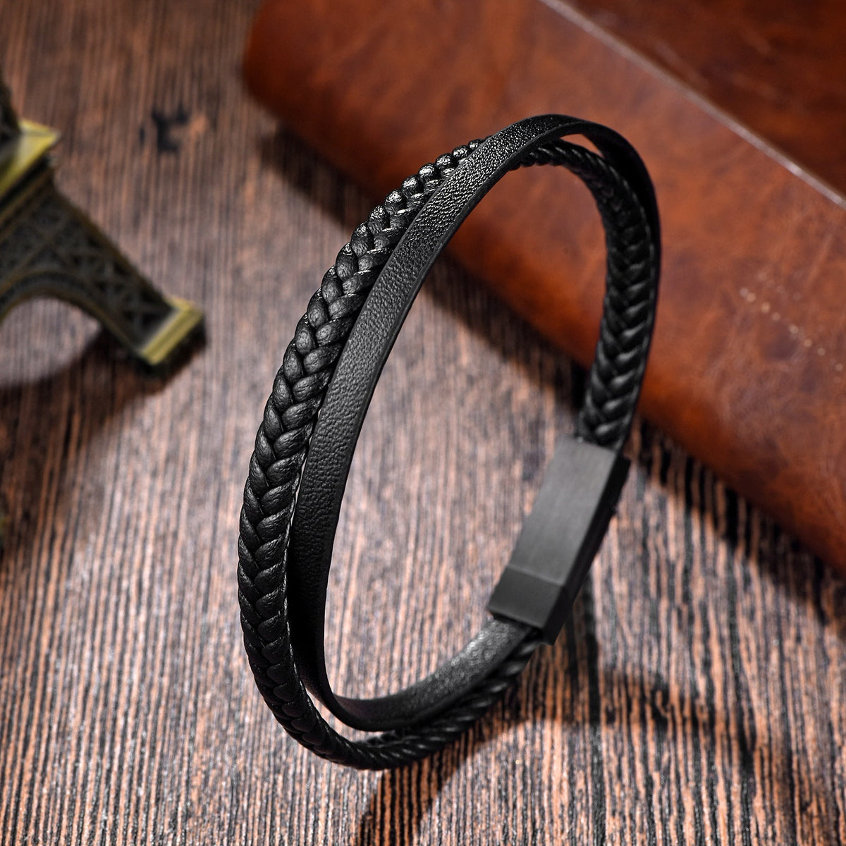 Black Two Layered Leather Bracelet for Men – photo 2