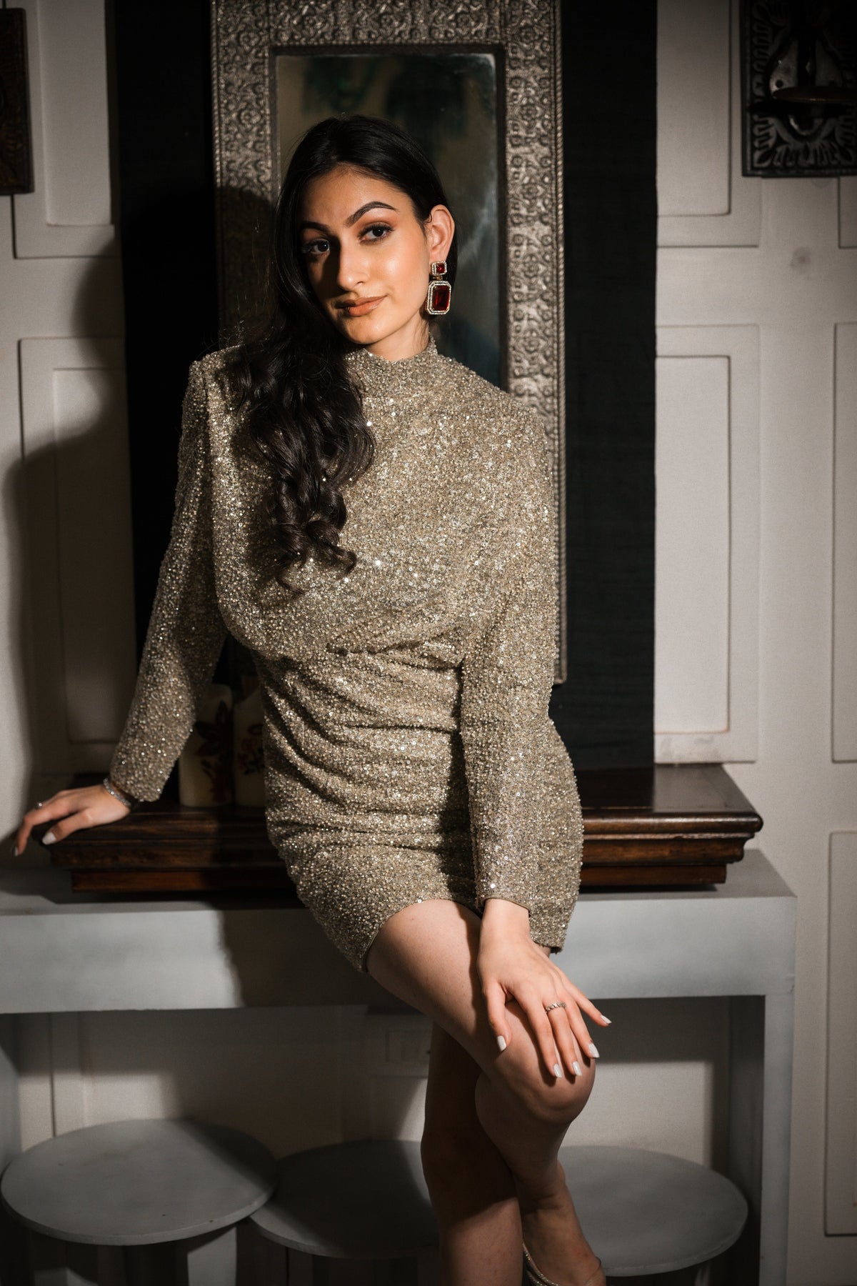 Gold sequins short drape dress – photo 1
