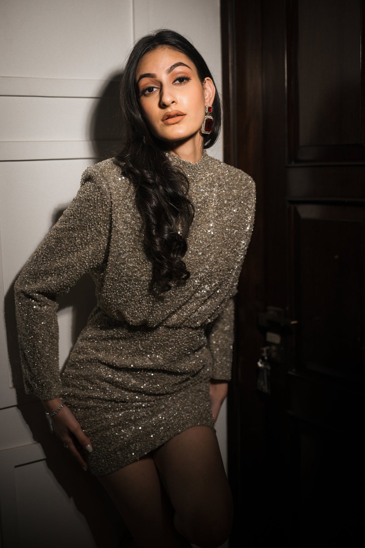 Gold sequins short drape dress – photo 4