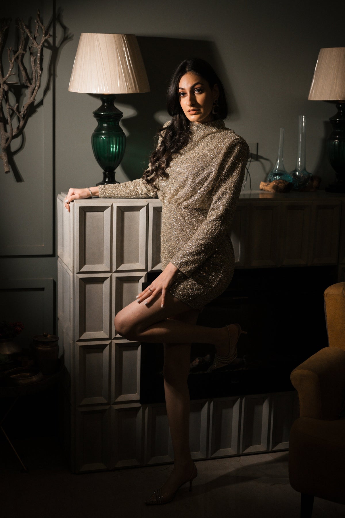 Gold sequins short drape dress – photo 6