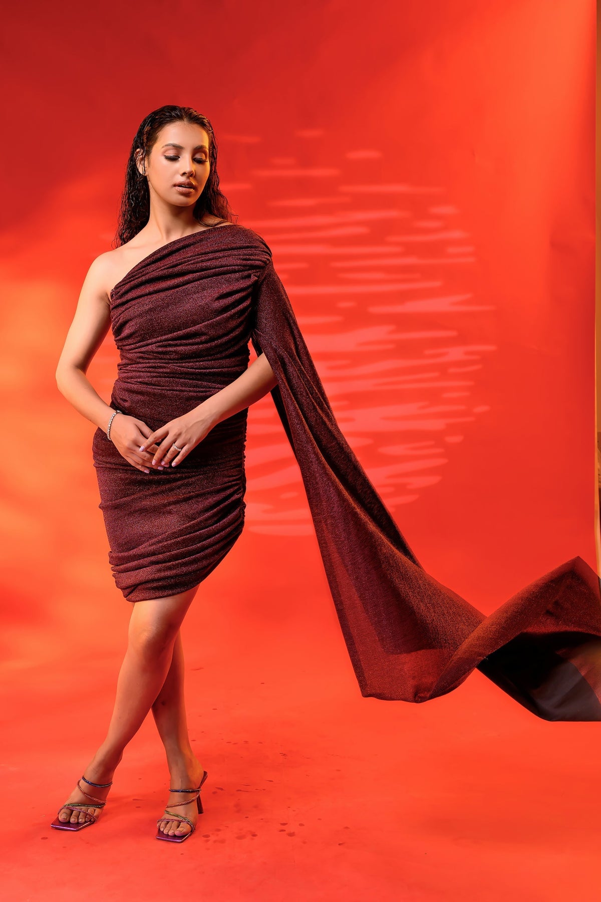 Maroon One Shoulder Drape Ruched Dress – photo 6