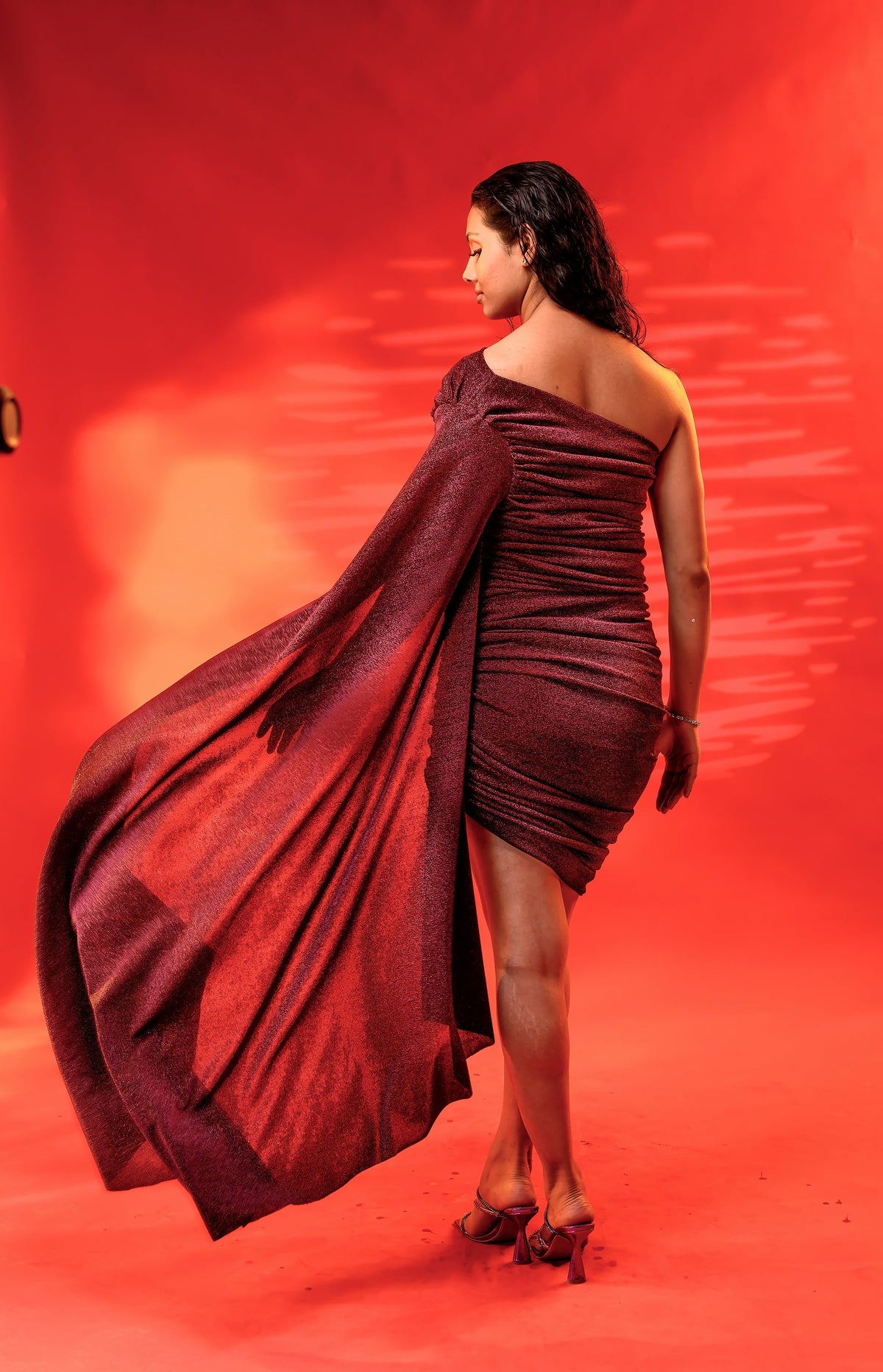 Maroon One Shoulder Drape Ruched Dress – photo 3